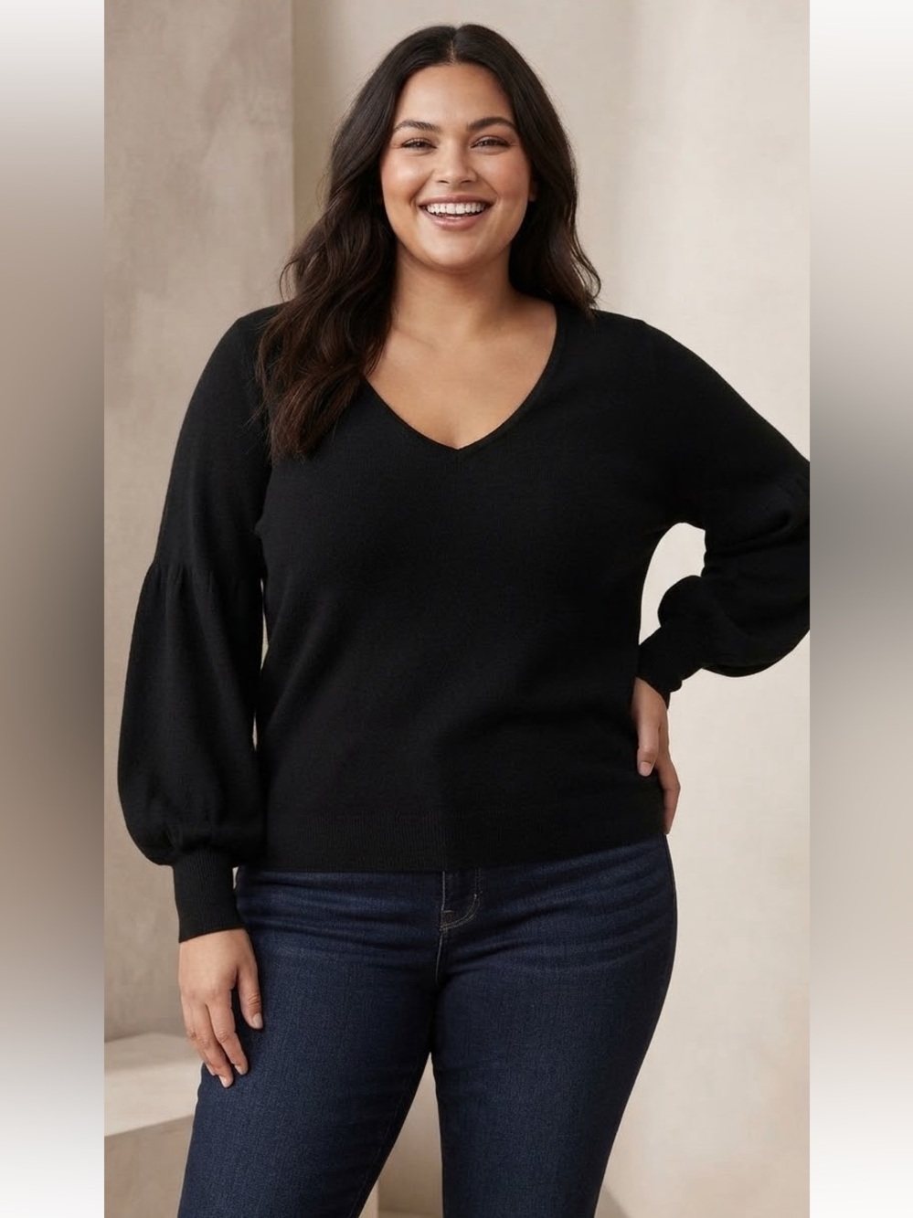 Torrid Black V-Neck
Balloon Sleeve Rayon Nylon
blend sweater very soft Sz 2 NWT